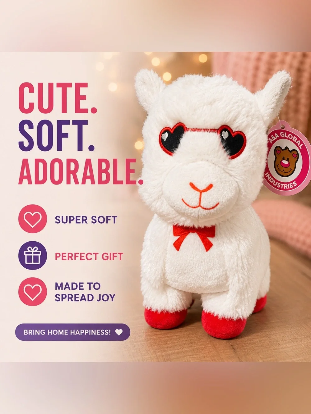 White Plush Llama with Red Accents - Soft Stuffed Animal Toy
